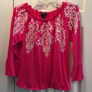 INC medium fuschia top with white embroidery.
